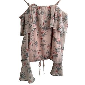 😊3/$30 Off shoulder sheer sleeves tropical tie front blouse Sz M EUC